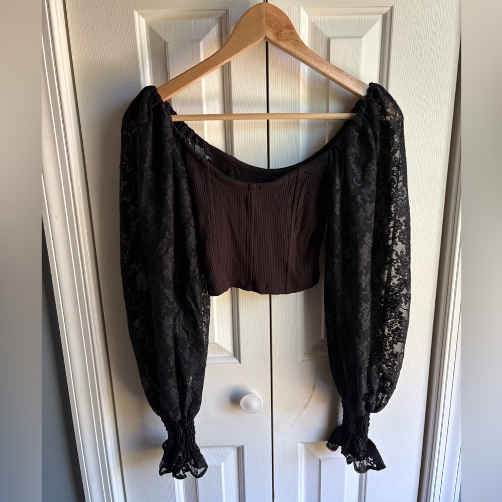 Urban Outfitters Womens Black Ribbed Crop Top Lace Long Sleeves Size XS